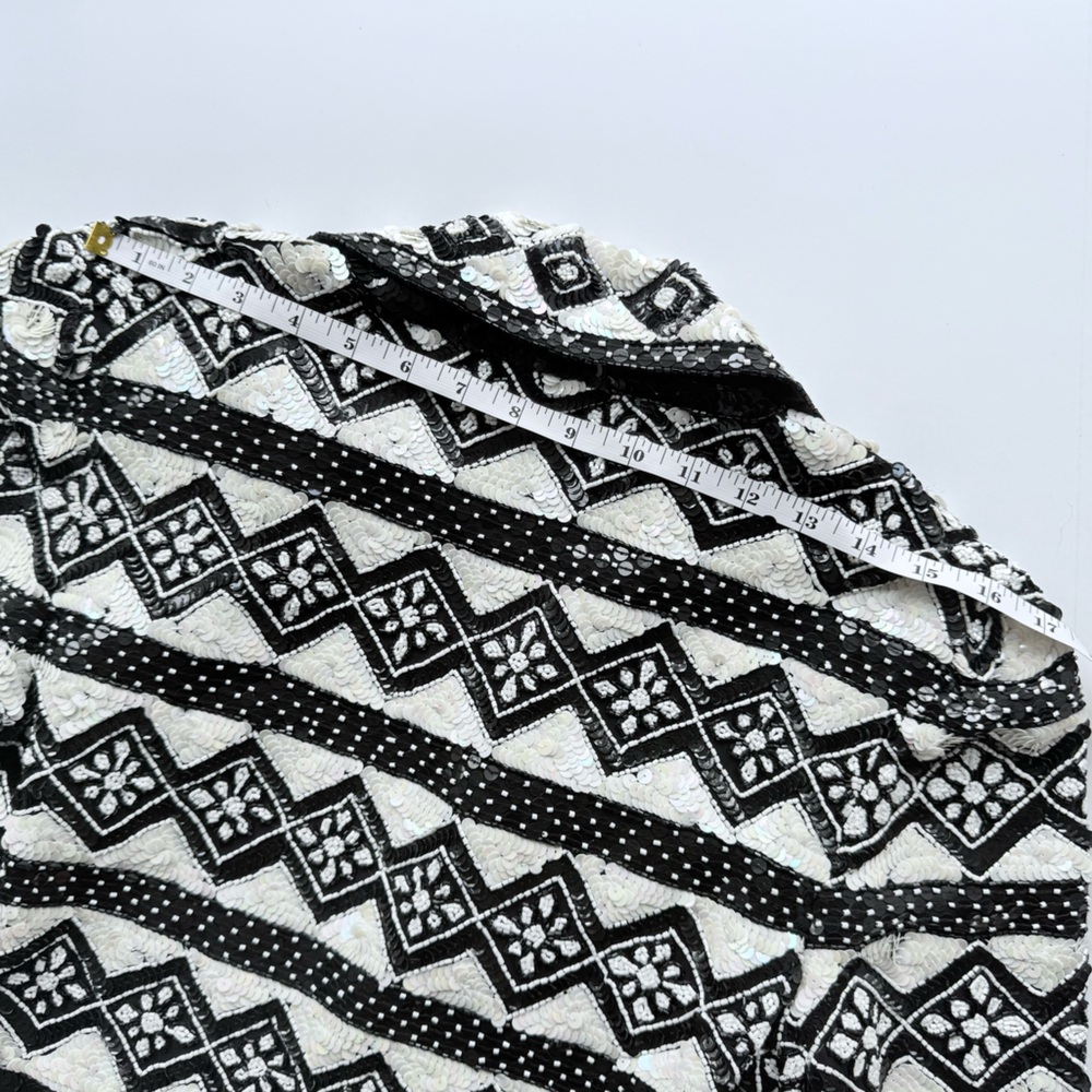 Vintage Adrianna Papell Beaded & Sequin Silk Bolero Jacket S Black & White - Picture 12 of 15